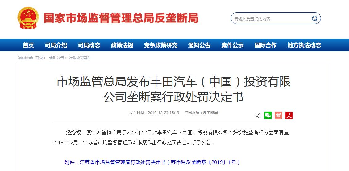 经查证存在价格垄断行为 丰田被罚8761余万元