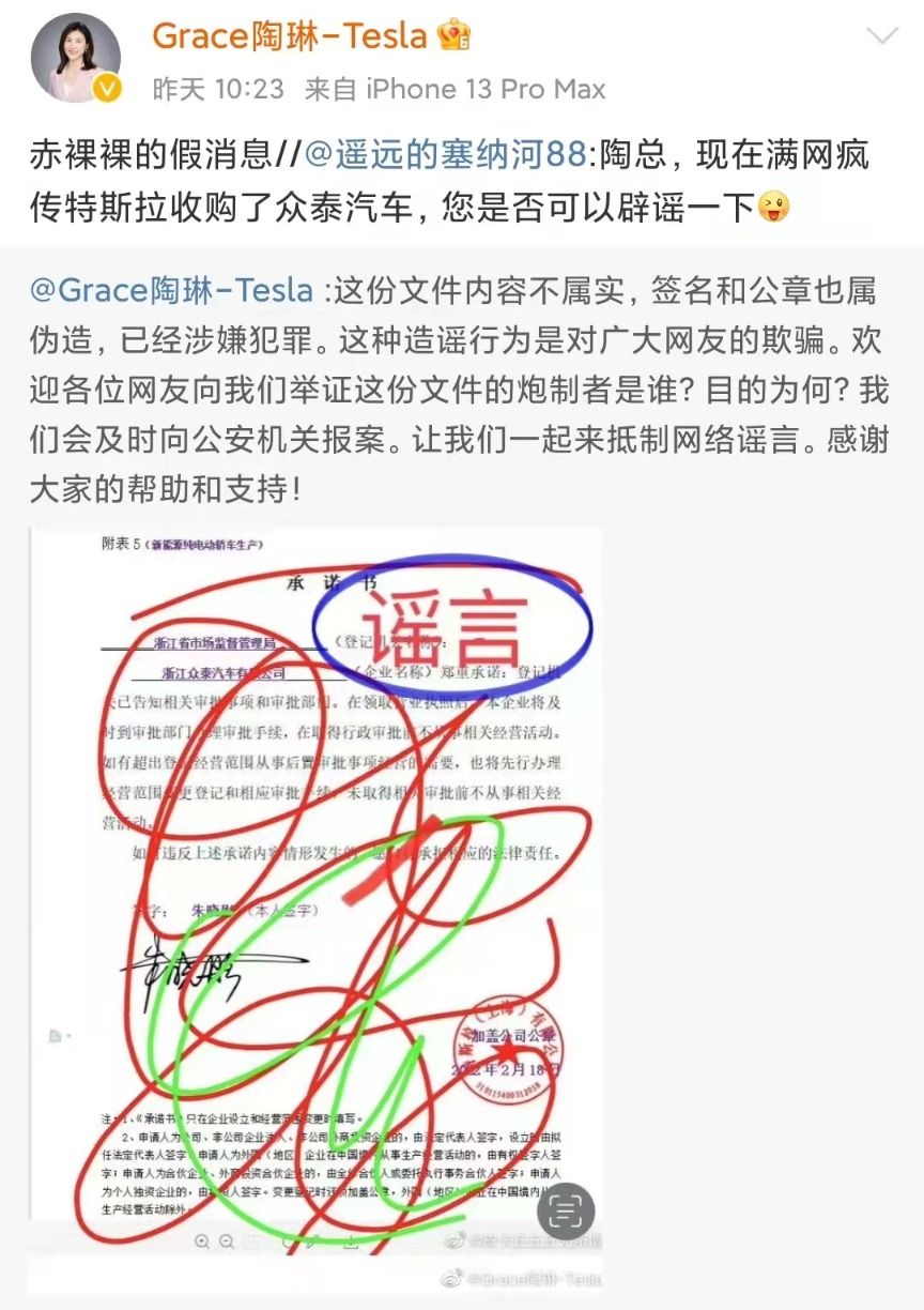 陶琳称“赤裸裸的假消息” 特斯拉辟谣将收购众泰汽车