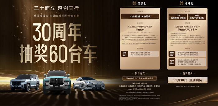 海洋车主专享 比亚迪30周年抽U8使用权